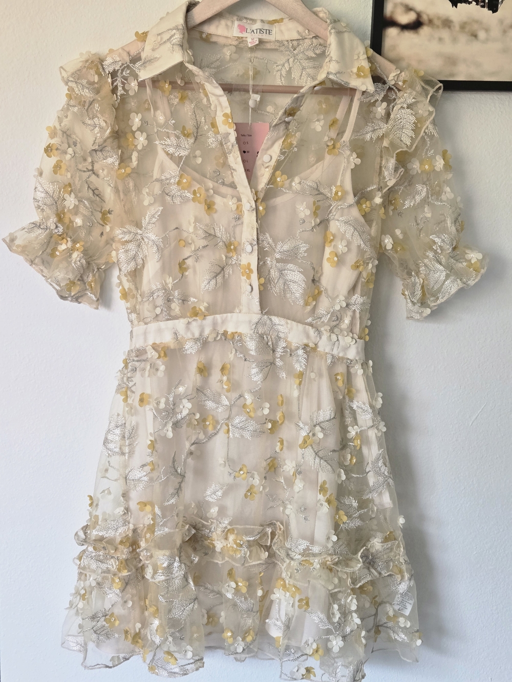 L’ATISTE Cream Sheer Floral Appliqué Dress Yellow Embroidered Romantic Boutique